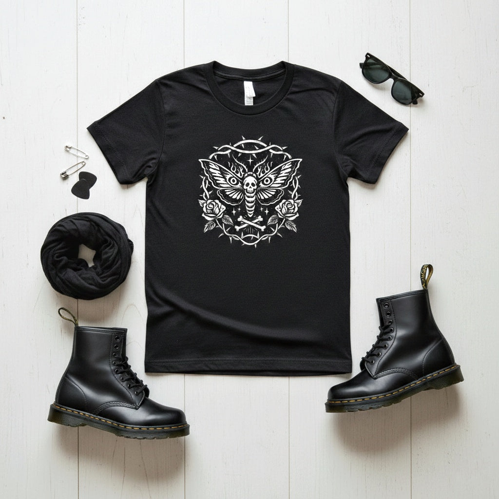 Black t-shirt with white graphic design, black boots, sunglasses, and scarf on a light wooden surface
