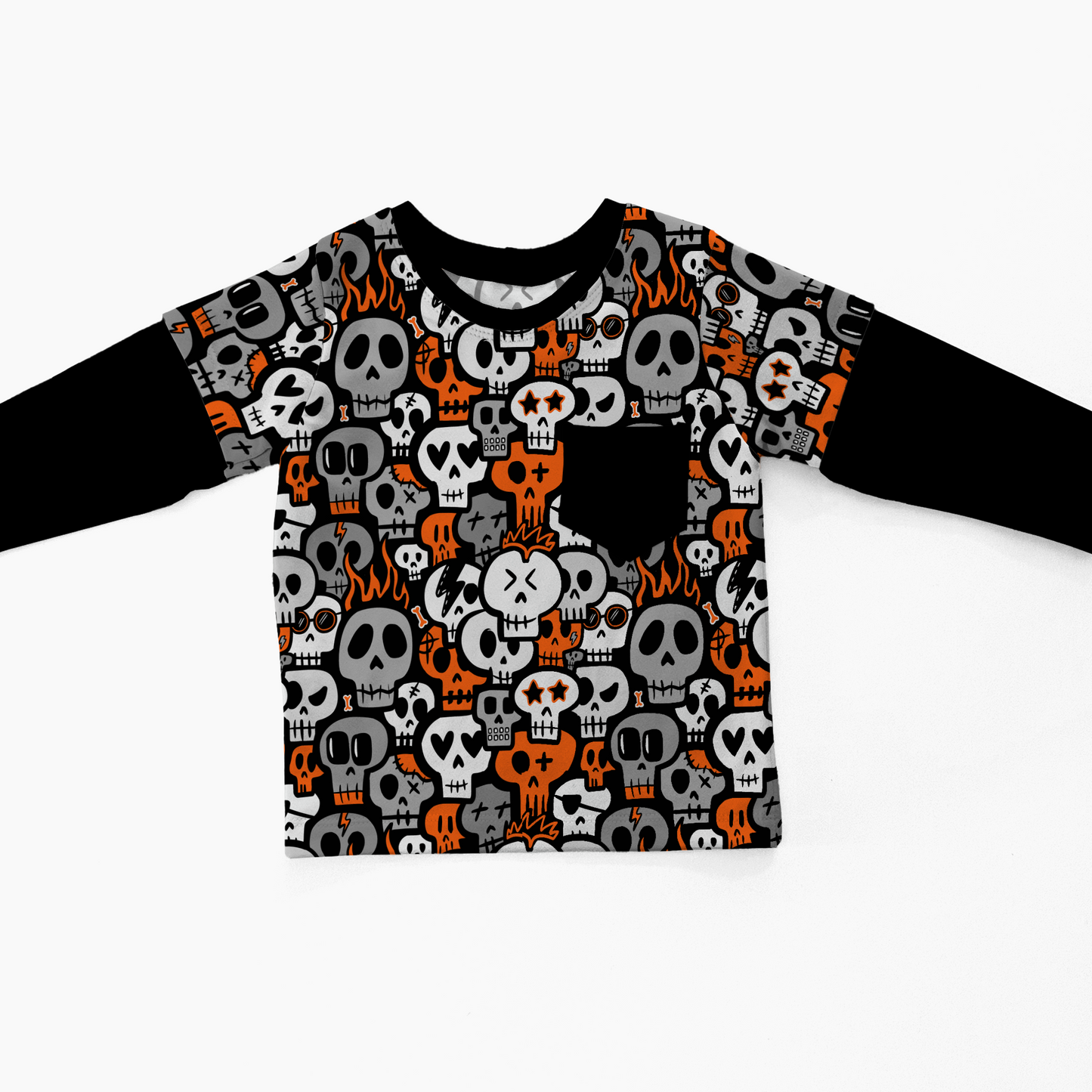 Long-sleeve shirt with skull pattern on a white background