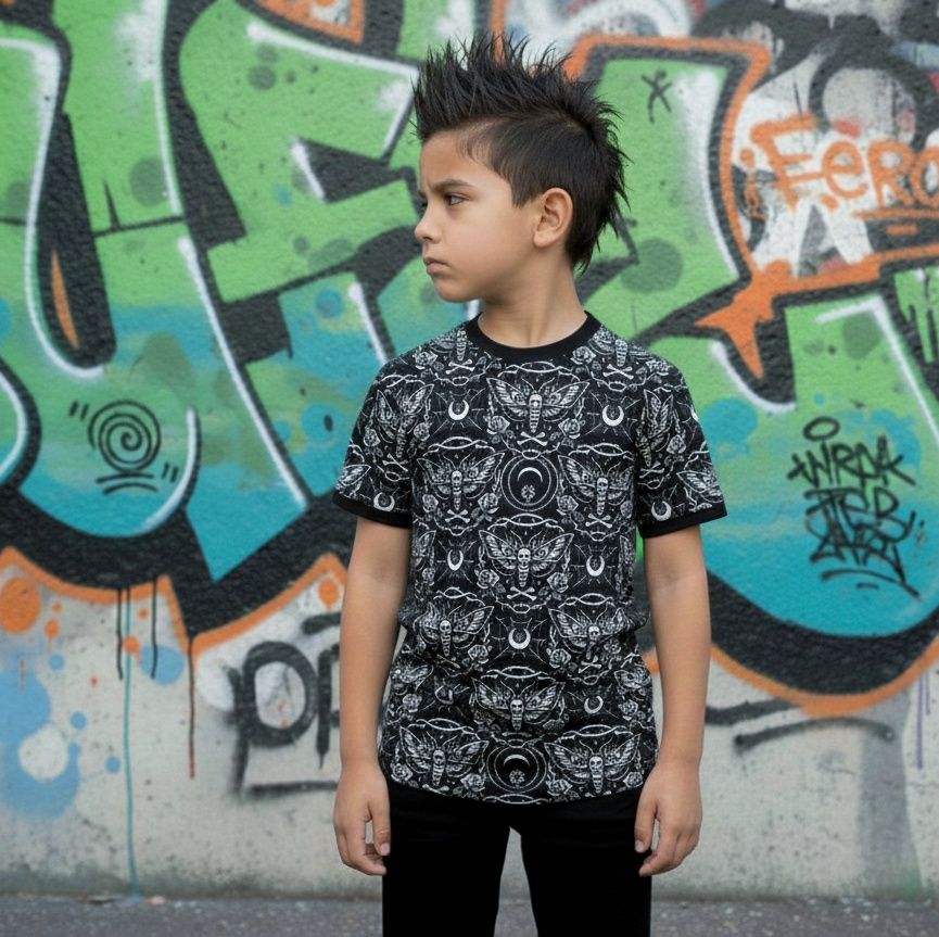 Child wearing a black and white patterned shirt in front of a graffiti-covered wall.