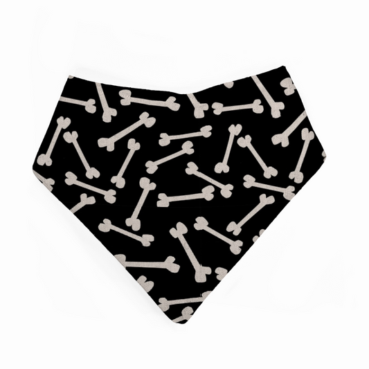 Black bandana bib with white bone pattern on a white background