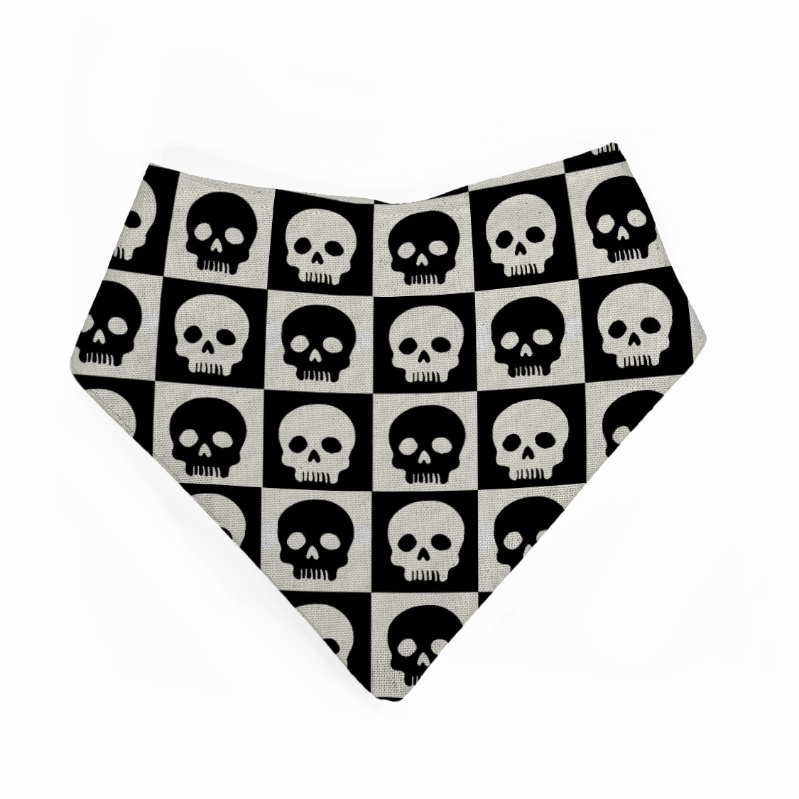 Baby bandana bib with black and white skull pattern on a checkered background