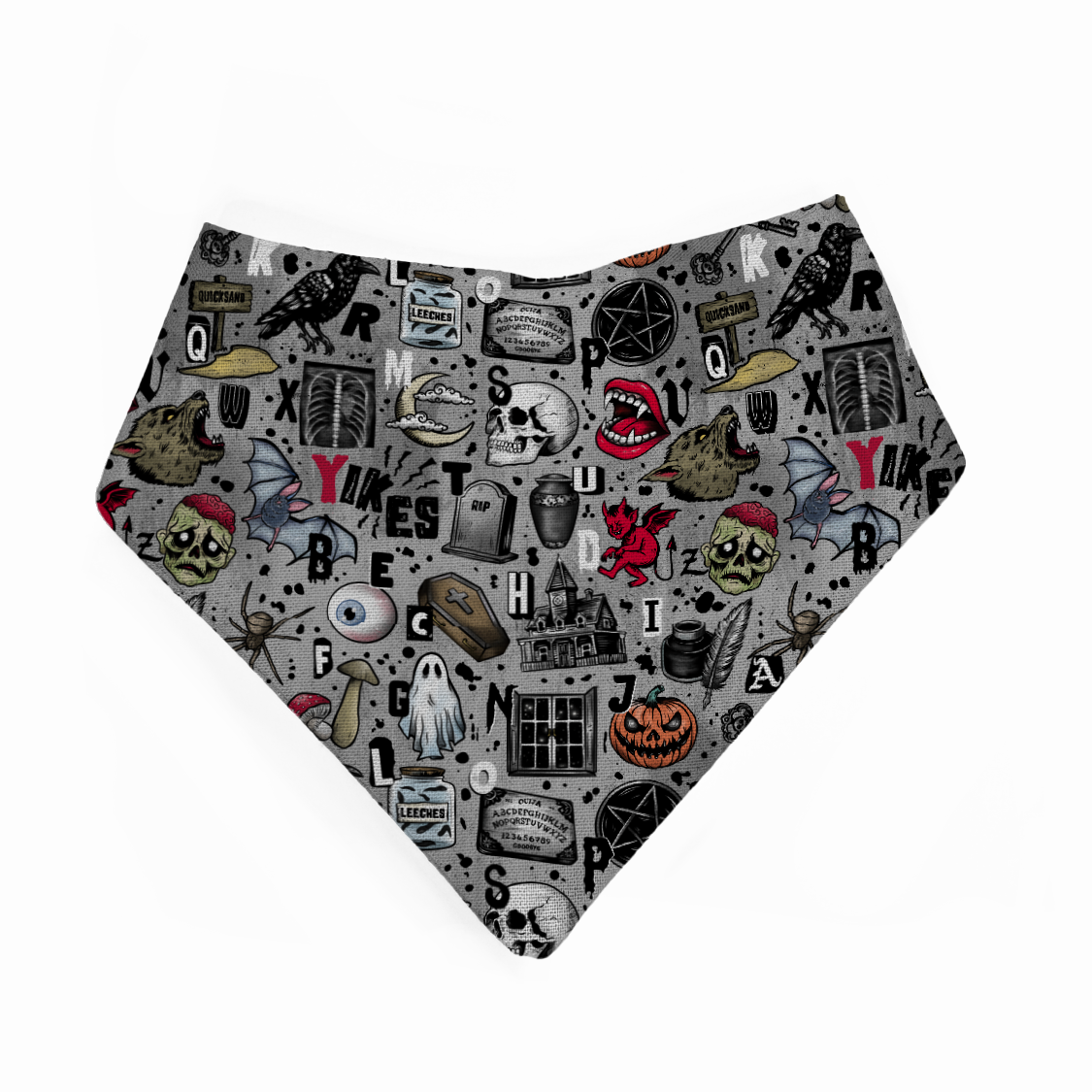 Halloween-themed bandana bib with various spooky designs on a white background