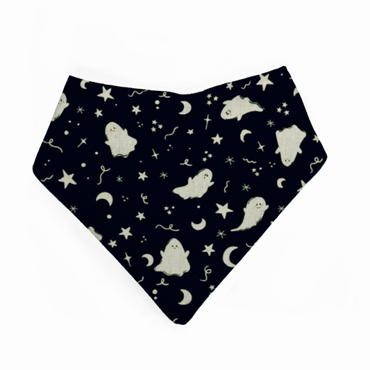 Black bandana bib with white ghost and star pattern on a white background