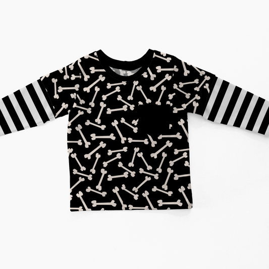 Black long-sleeve layered shirt: Main fabric is a white bone pattern, and black and white striped for the long sleeves. Handmade by My Spooky Baby. 