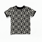 T-shirt with black and white checkered skull pattern on a white background