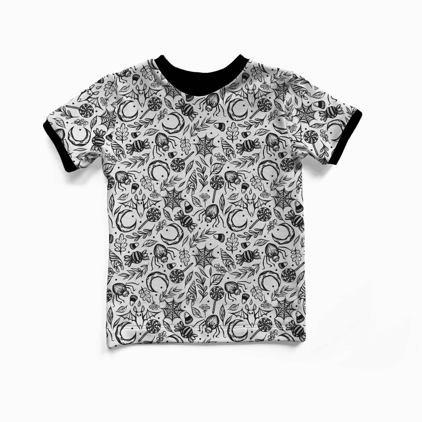 Back to Black Collection t-shirt by MySpookyBaby in white garden of webs print, with spiderwebs, bats, moons in black on it 