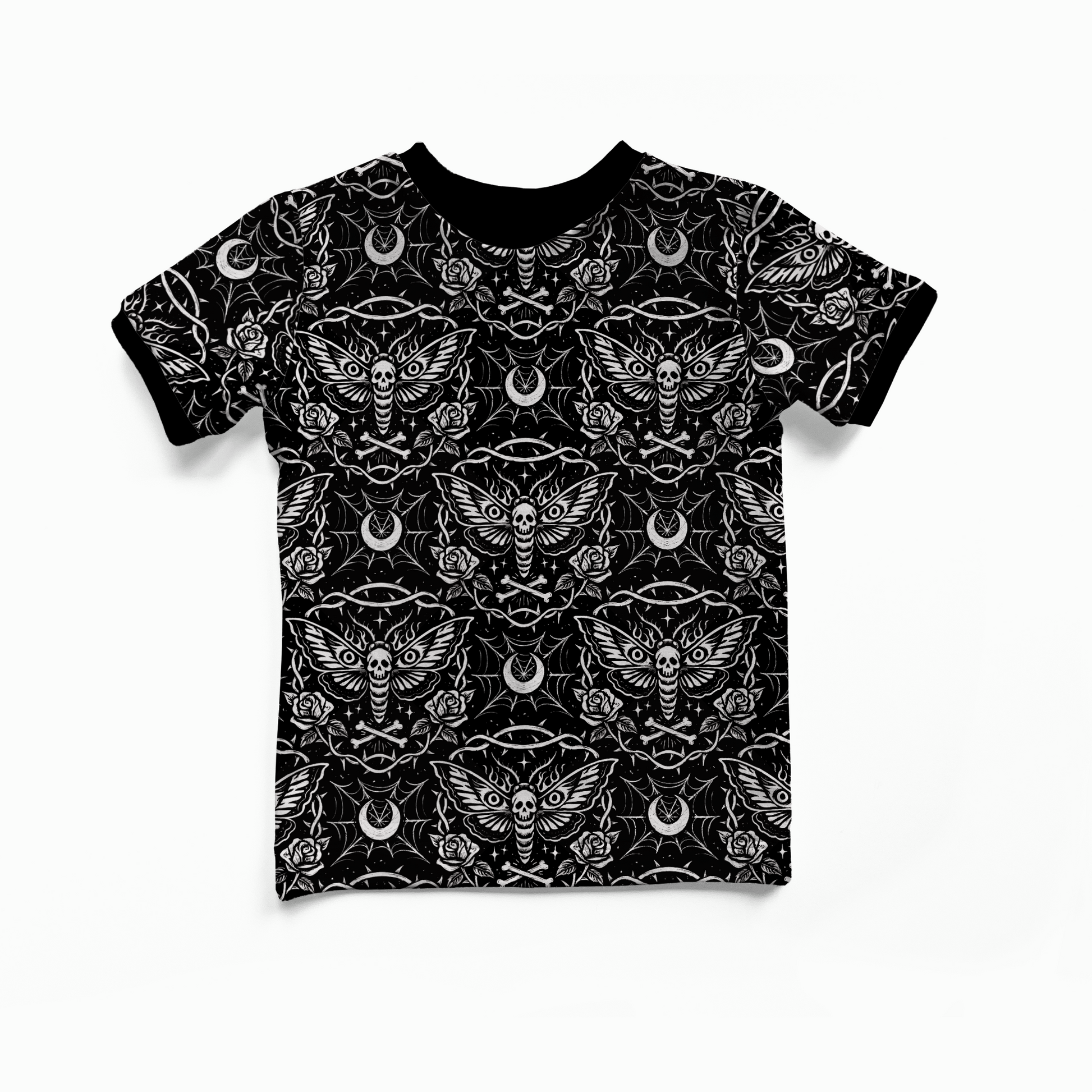Black t-shirt with white pattern featuring dead head oth, moons, spiderwebs, bones. Black neckband, black sleeve bands. Handmade by My Spooky Baby 