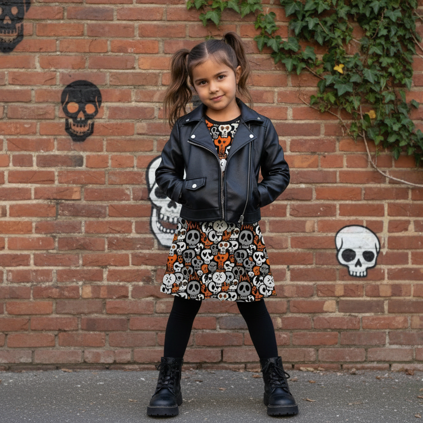 Child wearing a black leather jacket and skull-patterned skirt standing in front of a graffiti-covered wall.
