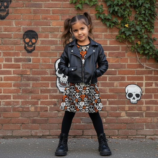 Child wearing a black leather jacket and skull-patterned skirt standing in front of a graffiti-covered wall.