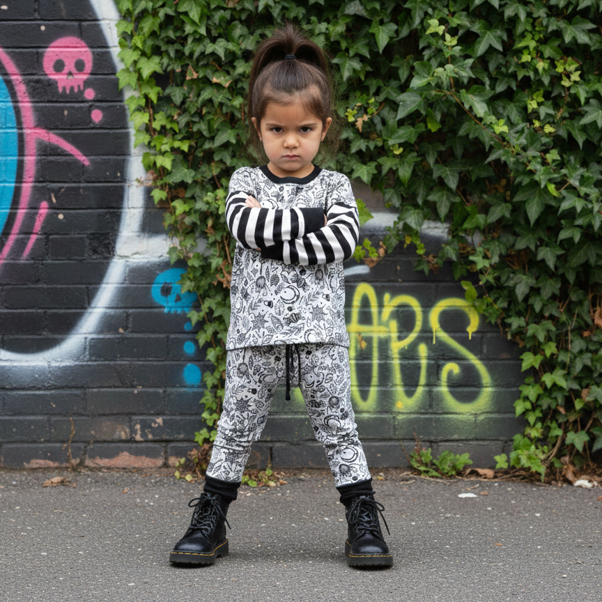 Goth kid wearing a black and white striped shirt and white joggers with spooky cute designs on it, in front of a graffiti-covered wall.