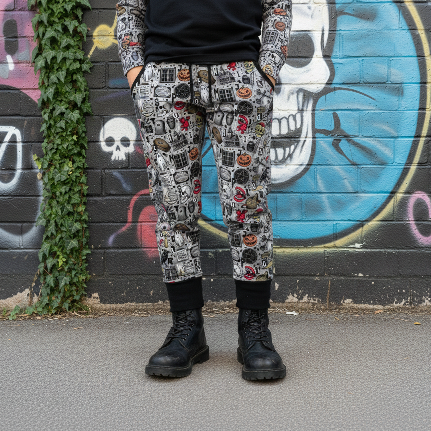 Person wearing Halloween patterned pants standing in front of a graffiti-covered wall.