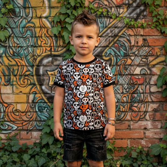 Child wearing a skull-patterned shirt in front of a graffiti-covered wall.