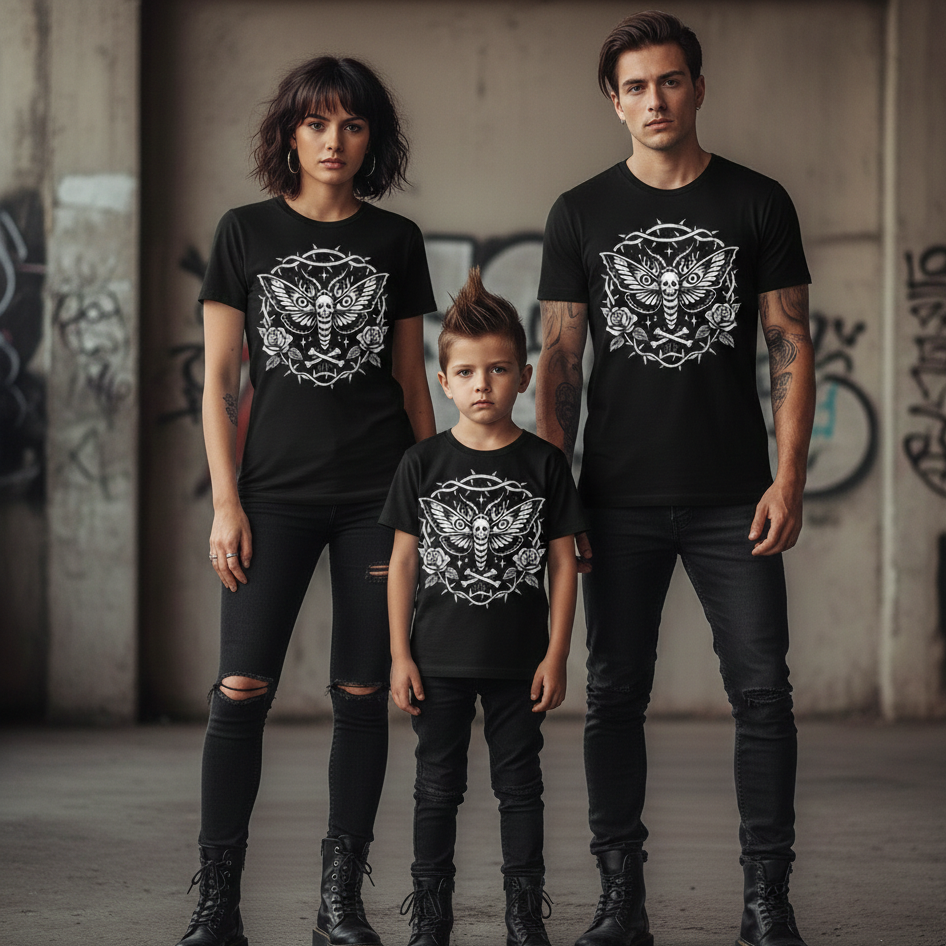 Family of three wearing matching black t-shirts with a white graphic design in an urban setting.