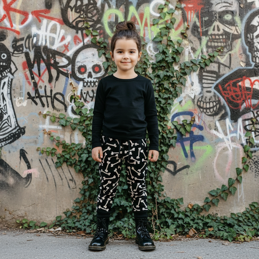 Girl wearing the Dead cute handmade goth kid joggers – black with white bones