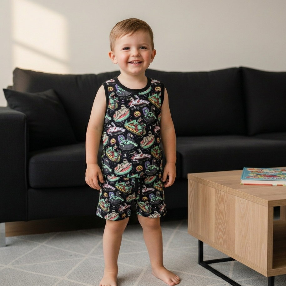 Child wearing a colorful patterned tank top and matching shorts standing in a living room.