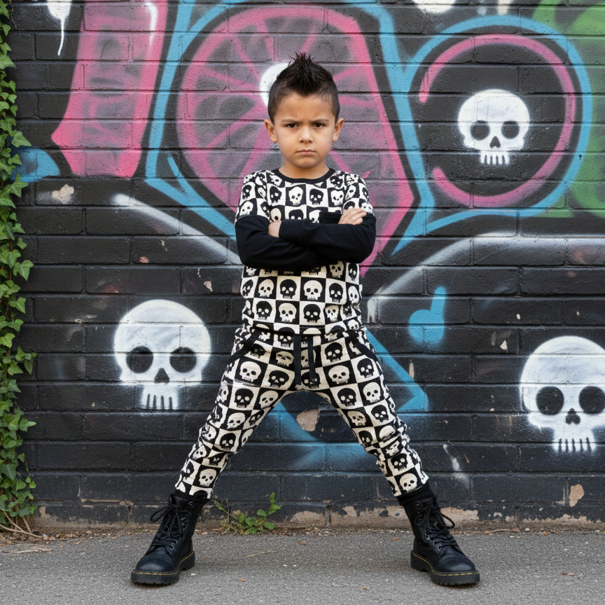 Child wearing a black and white skull-patterned outfit standing in front of a graffiti-covered wall.