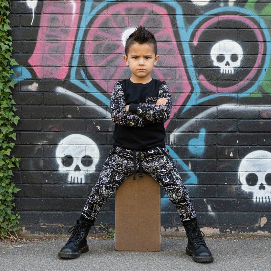 Child sitting on a cardboard box in front of a graffiti-covered wall with skull designs.