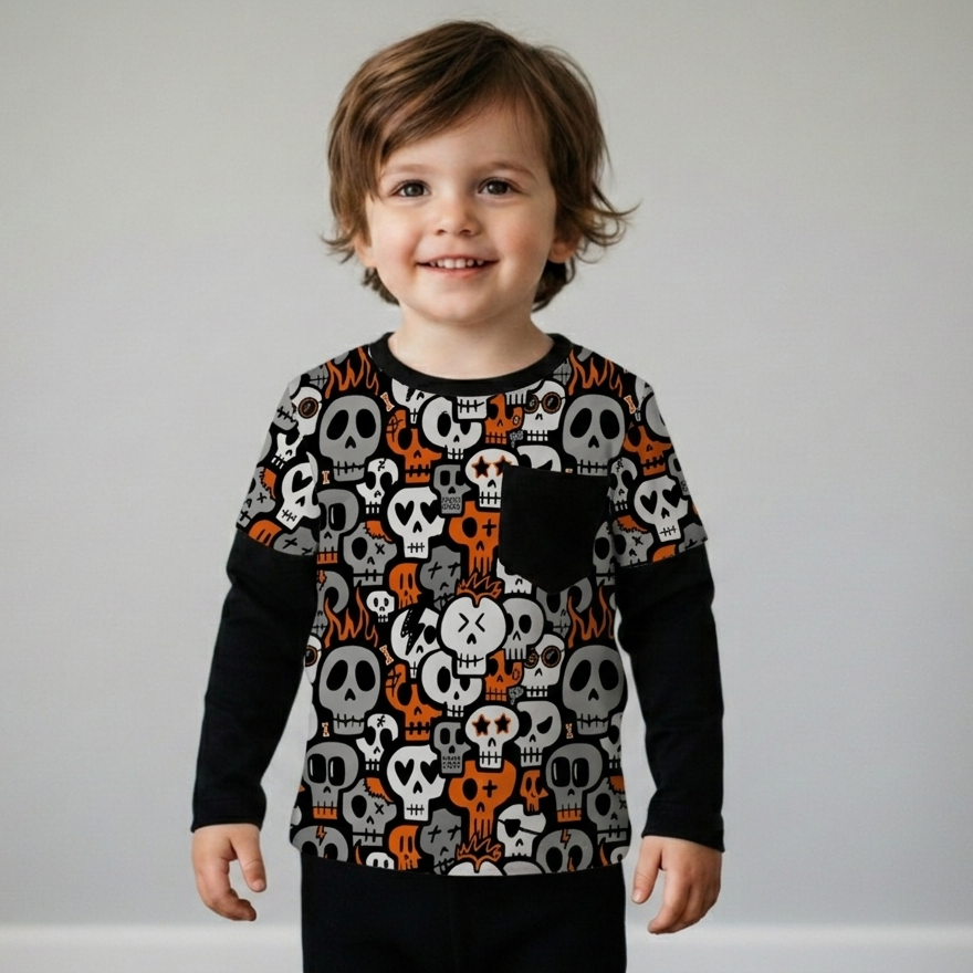 Child wearing a long-sleeve shirt with a skull pattern on a plain background