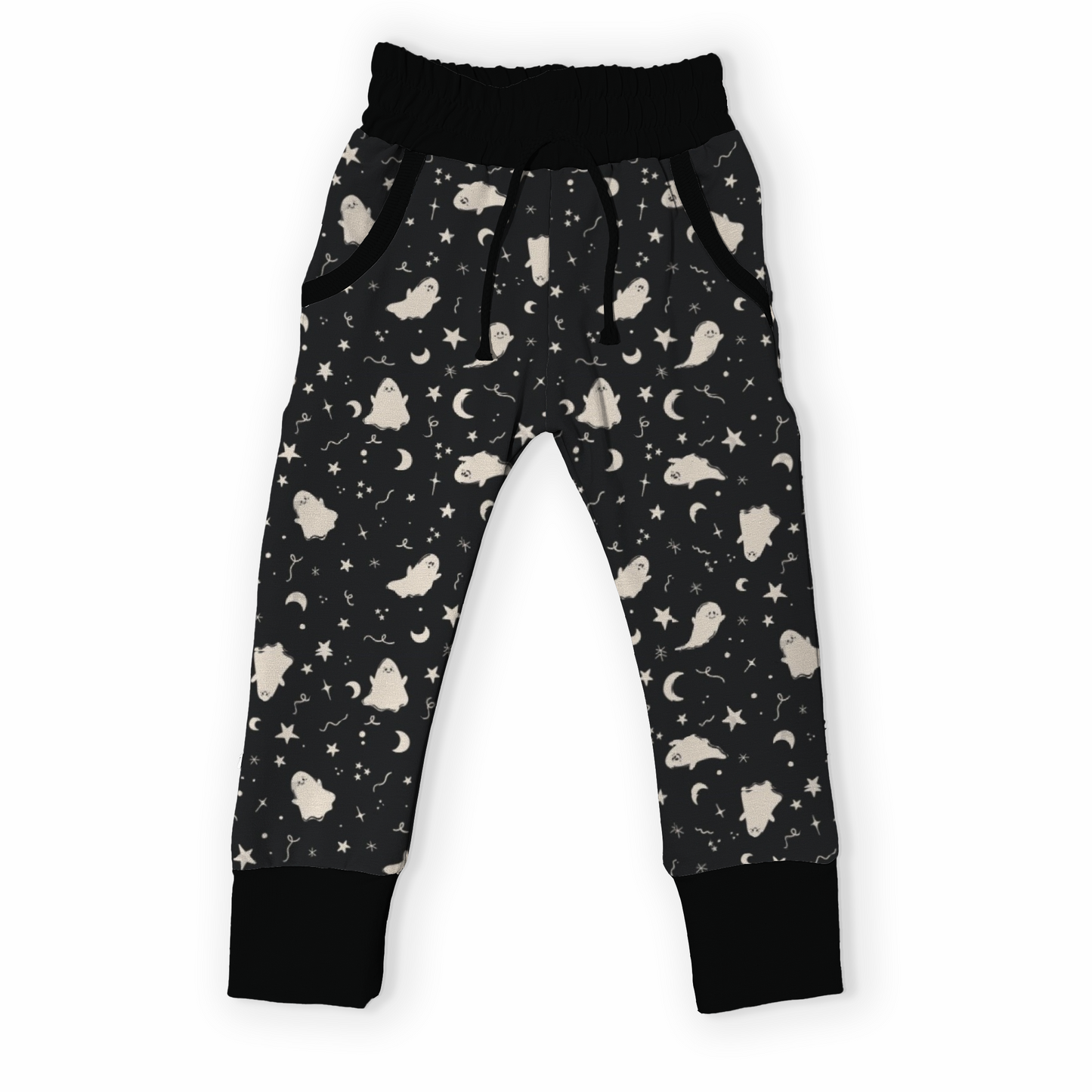 Black children's pants with white ghost and moons pattern 