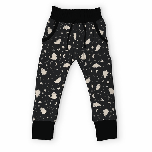 Black children's pants with white ghost and moons pattern 