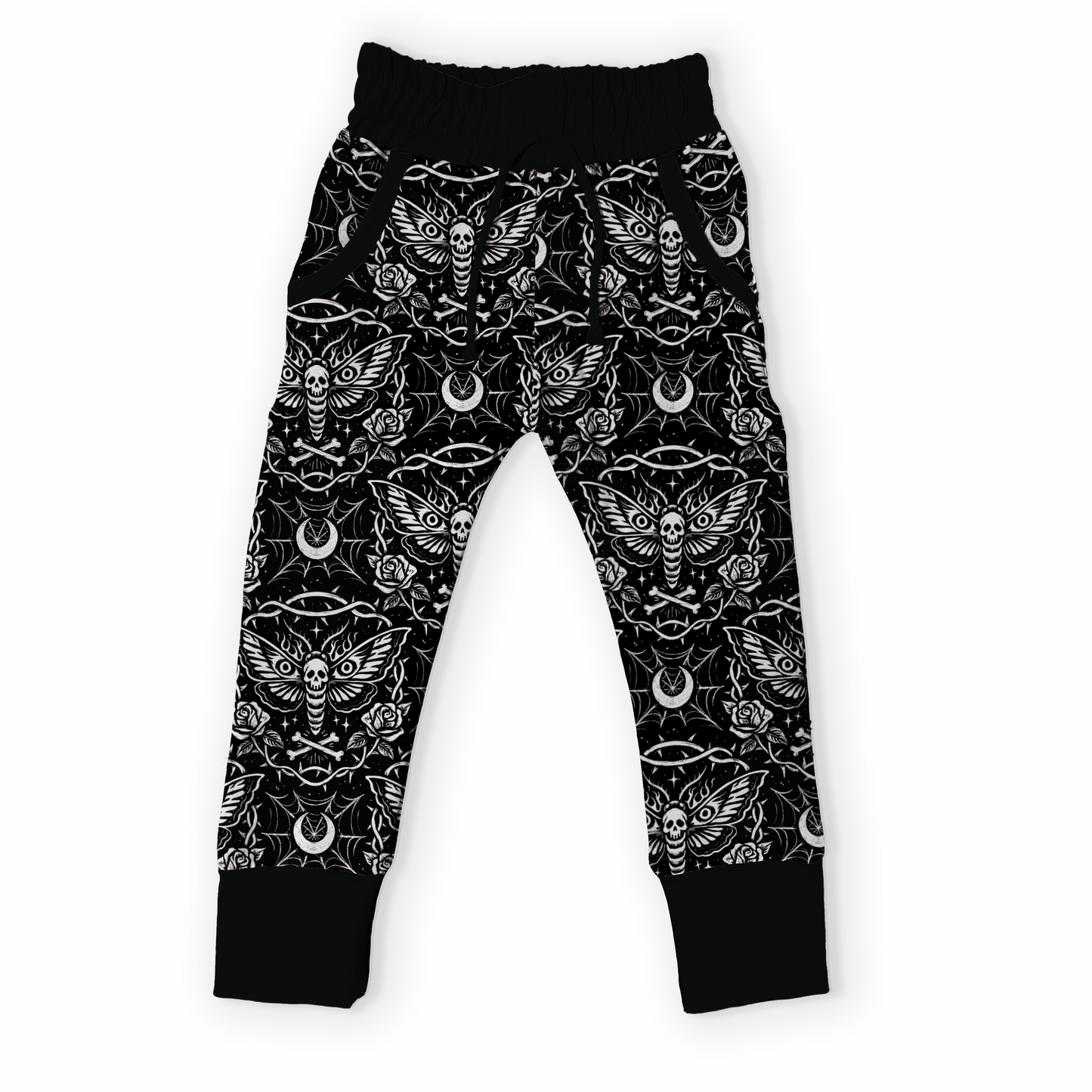 Black pants with white pattern featuring a goth / rock print with dead head moth. 