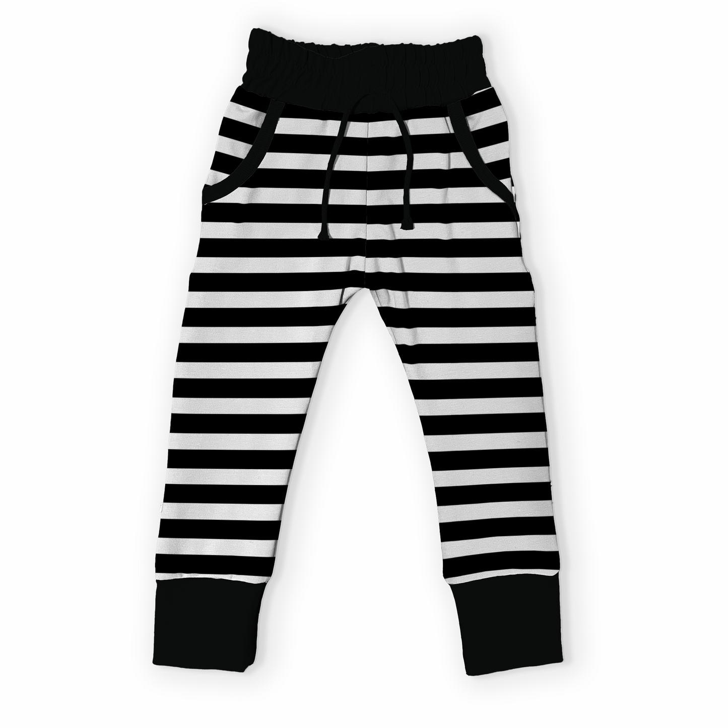 Handmade black and white striped pants with pockets on a white background
