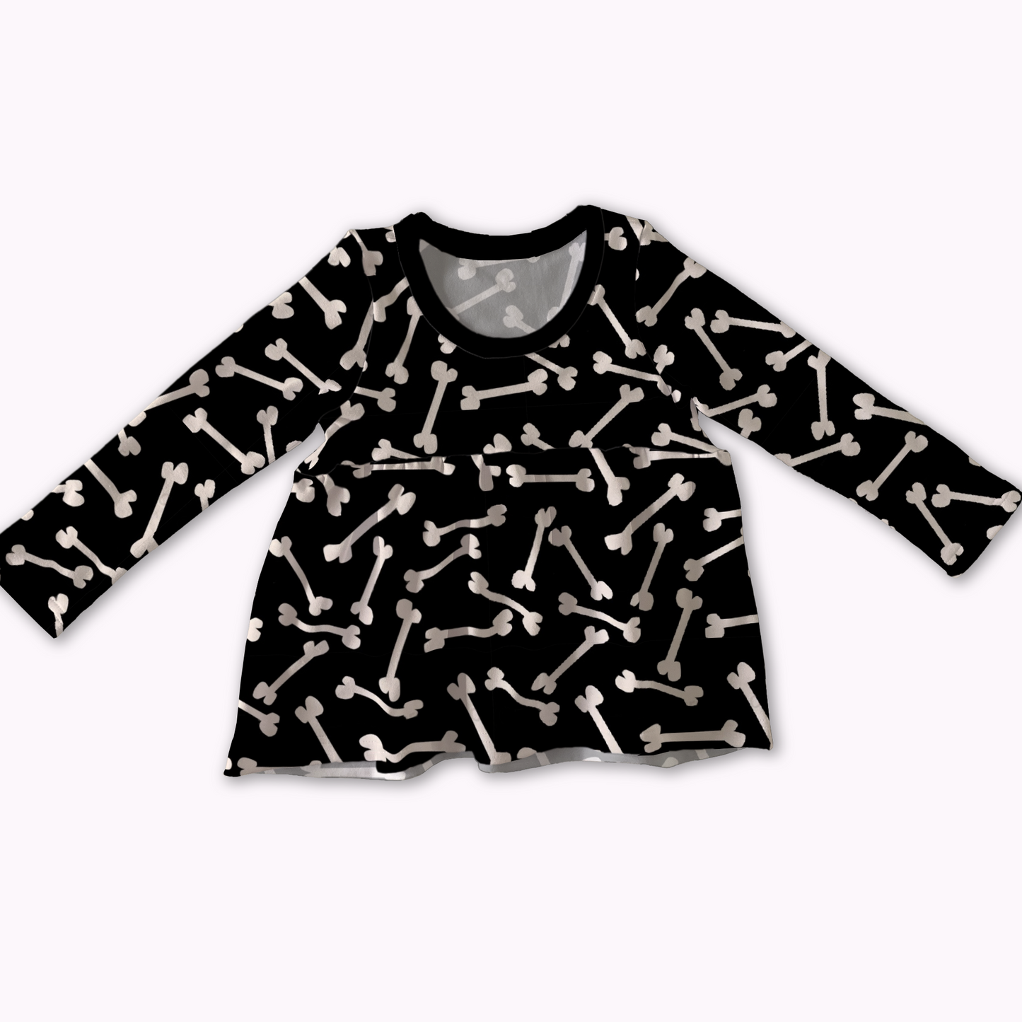 Black long-sleeve peplum shirt with white bone pattern on a white background