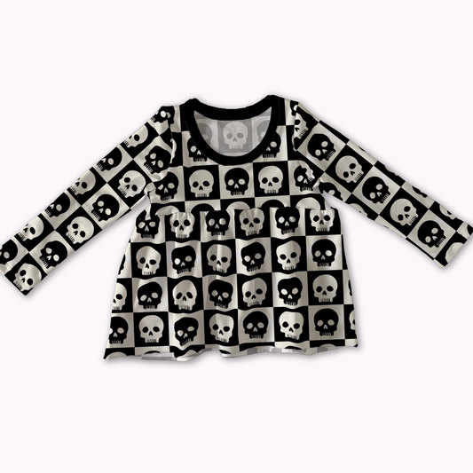 Long-sleeve shirt, black and white checkers, with skull pattern. Handmade by My Spooky baby. 