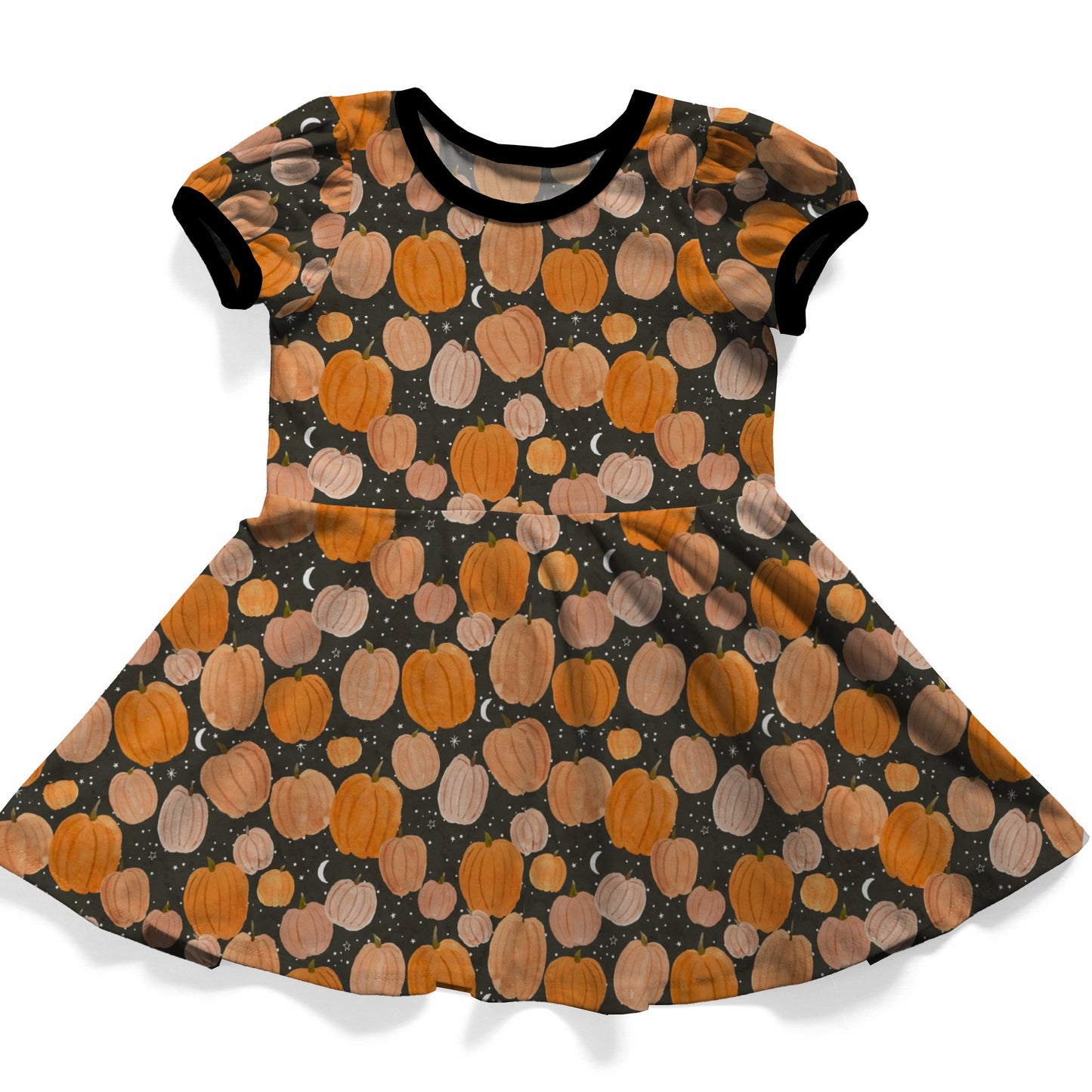 A short-sleeve baby dress with a black and orange pumpkin print, featuring a black crew neck and black sleeve cuffs, shown on a white background.