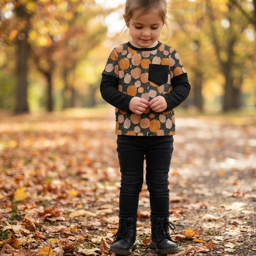 A young child standing on a leaf-covered path in a park, wearing a long-sleeve top with a pumpkin pattern, black pants, and black boots.