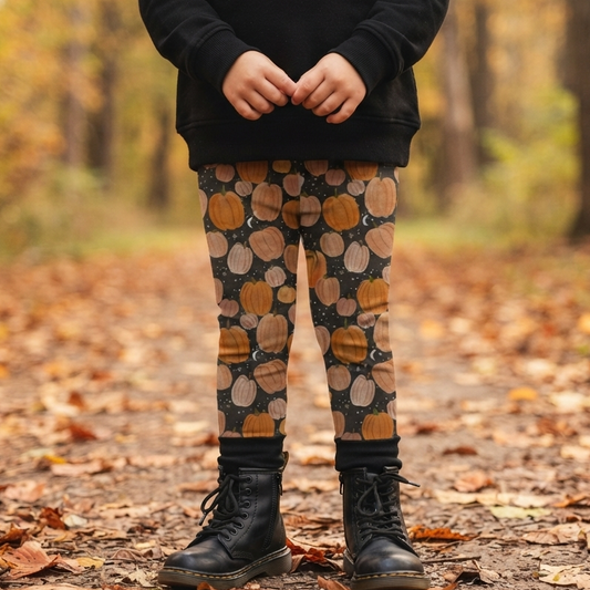 A child standing on a leaf-covered forest path wearing patterned leggings with a pumpkin print, a black sweatshirt, and black boots.