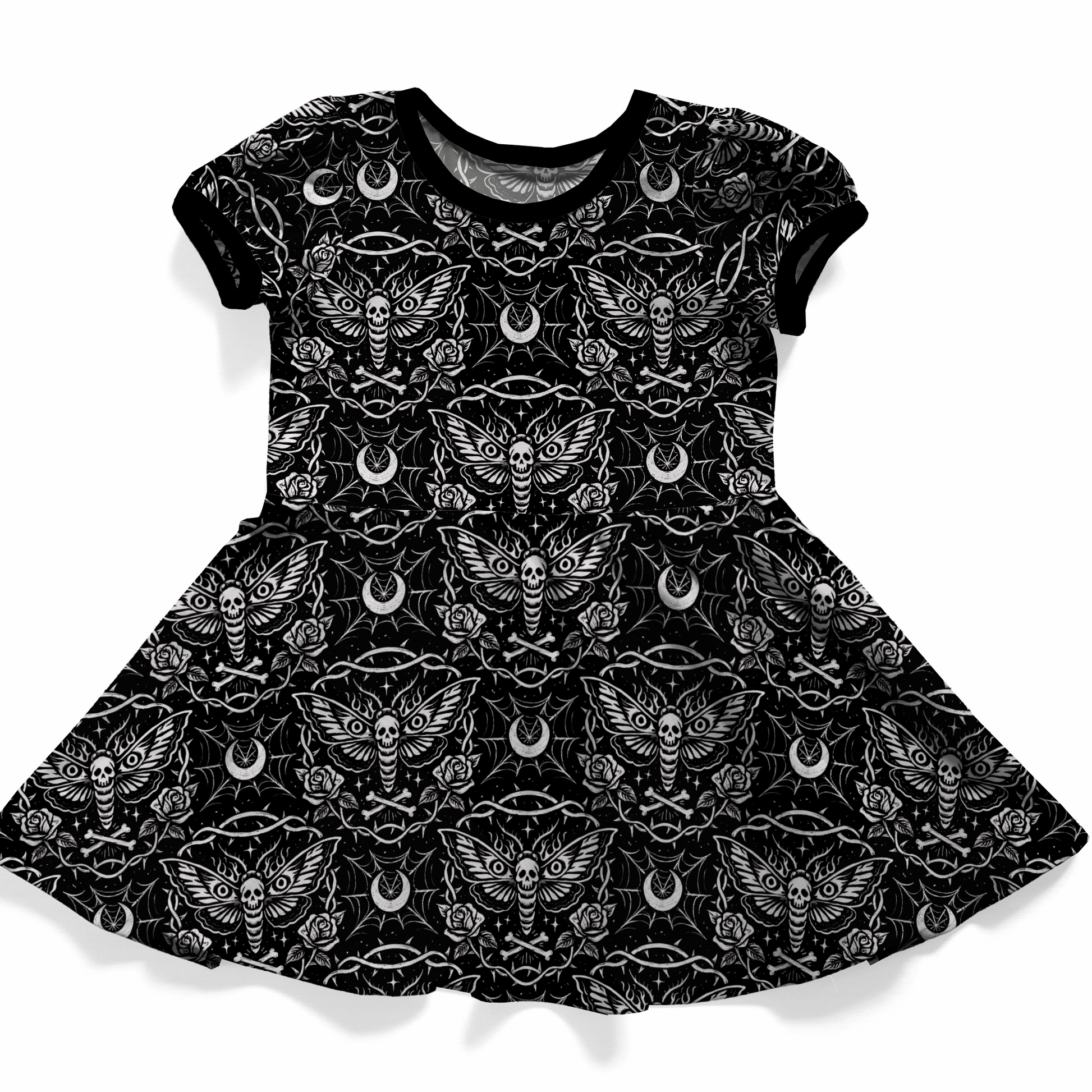 Goh baby, toddler or youth dress, short sleeves, black with white pattern. 
The print features dead head moth, moons, spiderwebs, roses and bones. 