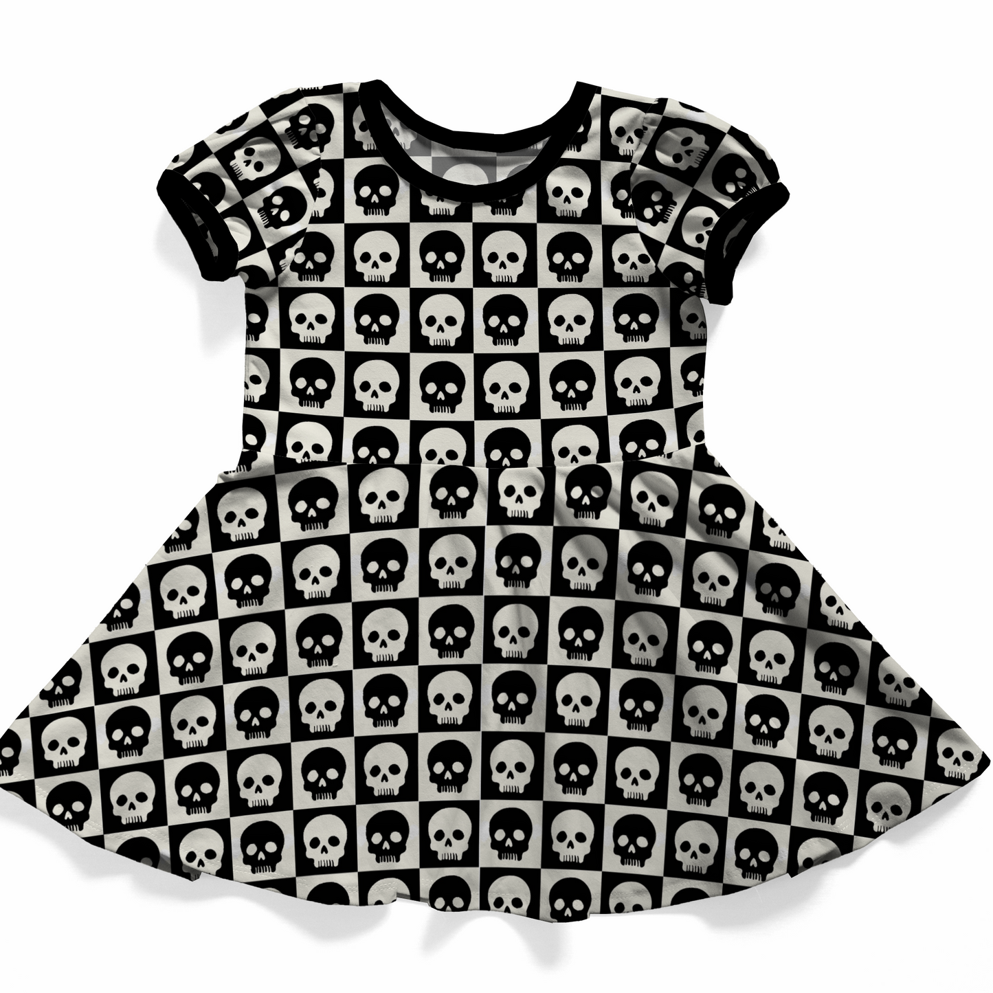 Goth baby or toddler dress,  short sleeves, black and white checkered with contrasting skulls on each square.  Black bands on neck and sleeves. 