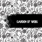 Black and white patterned with 'Garden of Webs' text, featuring bats, spiderwebs, spiders, treats