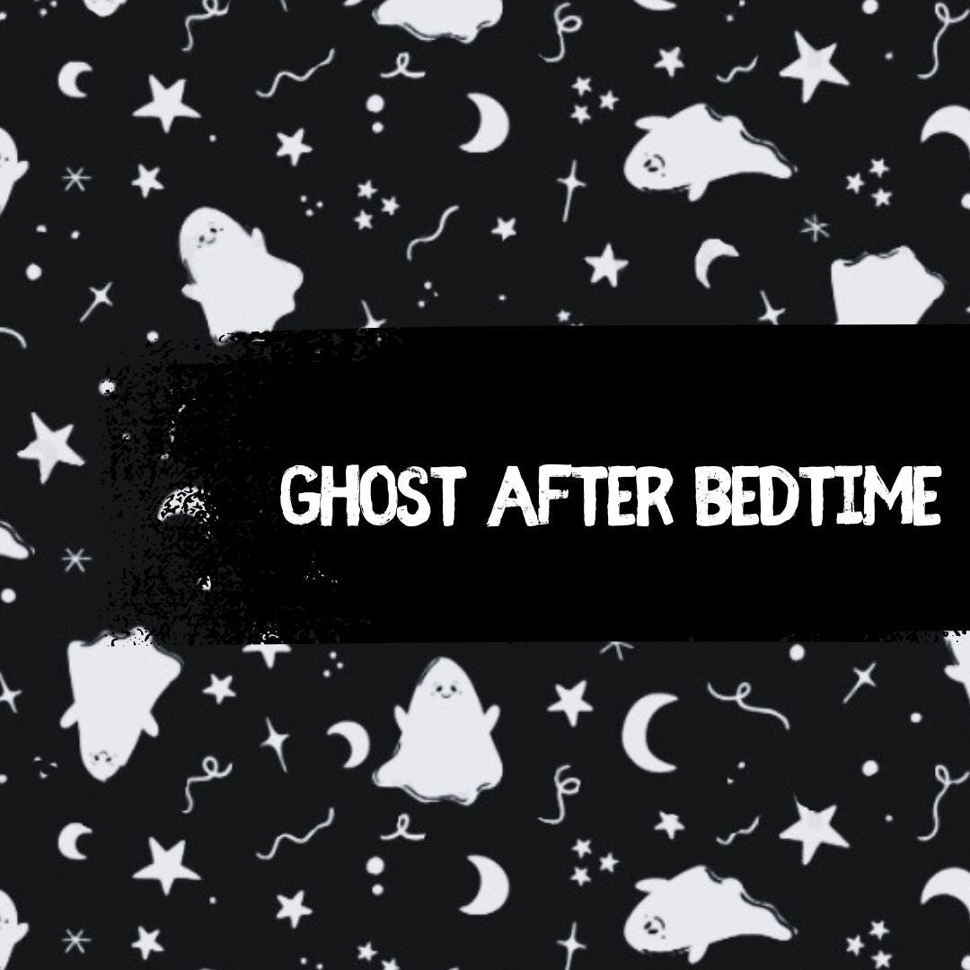Pattern of white ghosts, stars, and moons on a black background with 'Ghost After Bedtime' text.