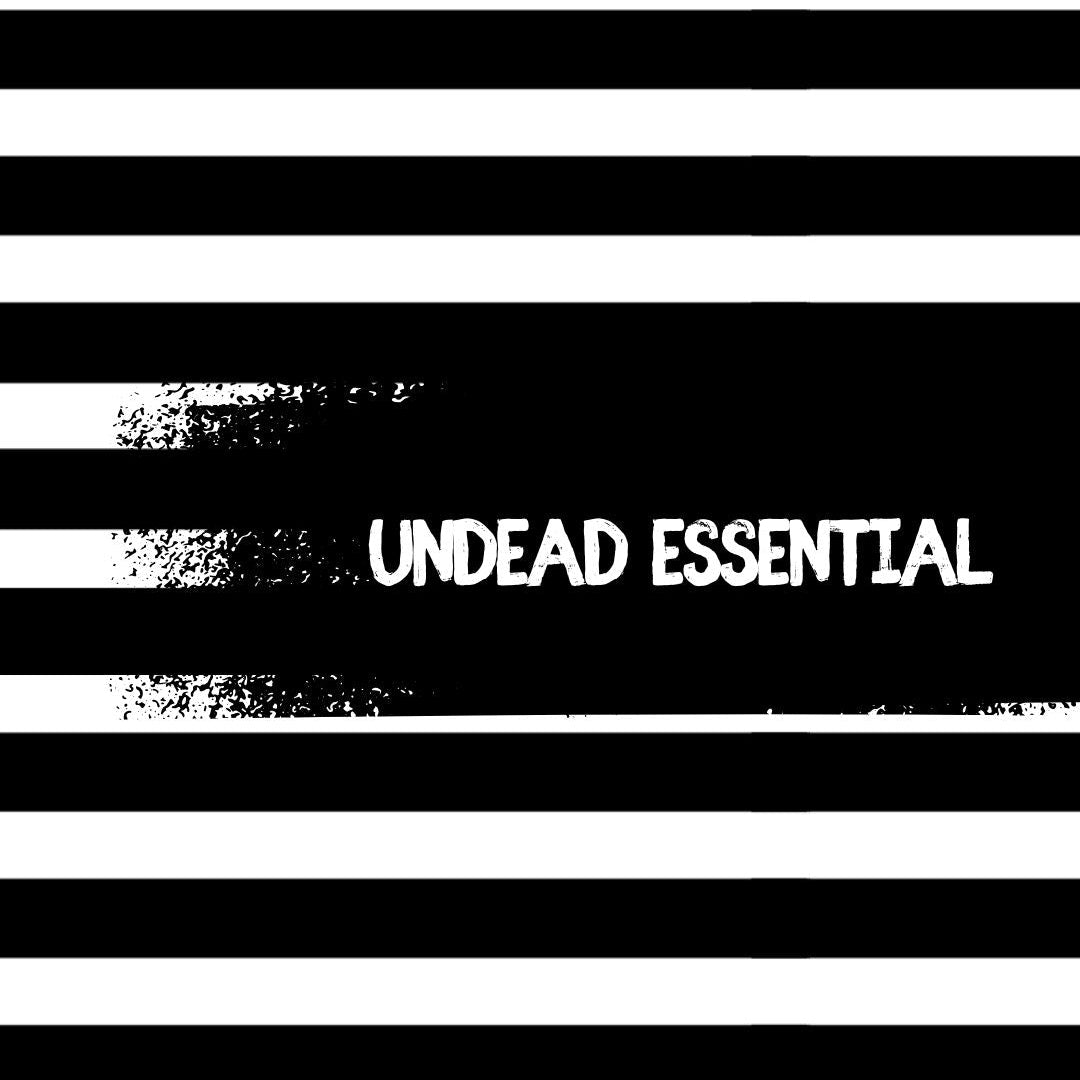 Black and white striped pattern with 'UNDead Essential' text