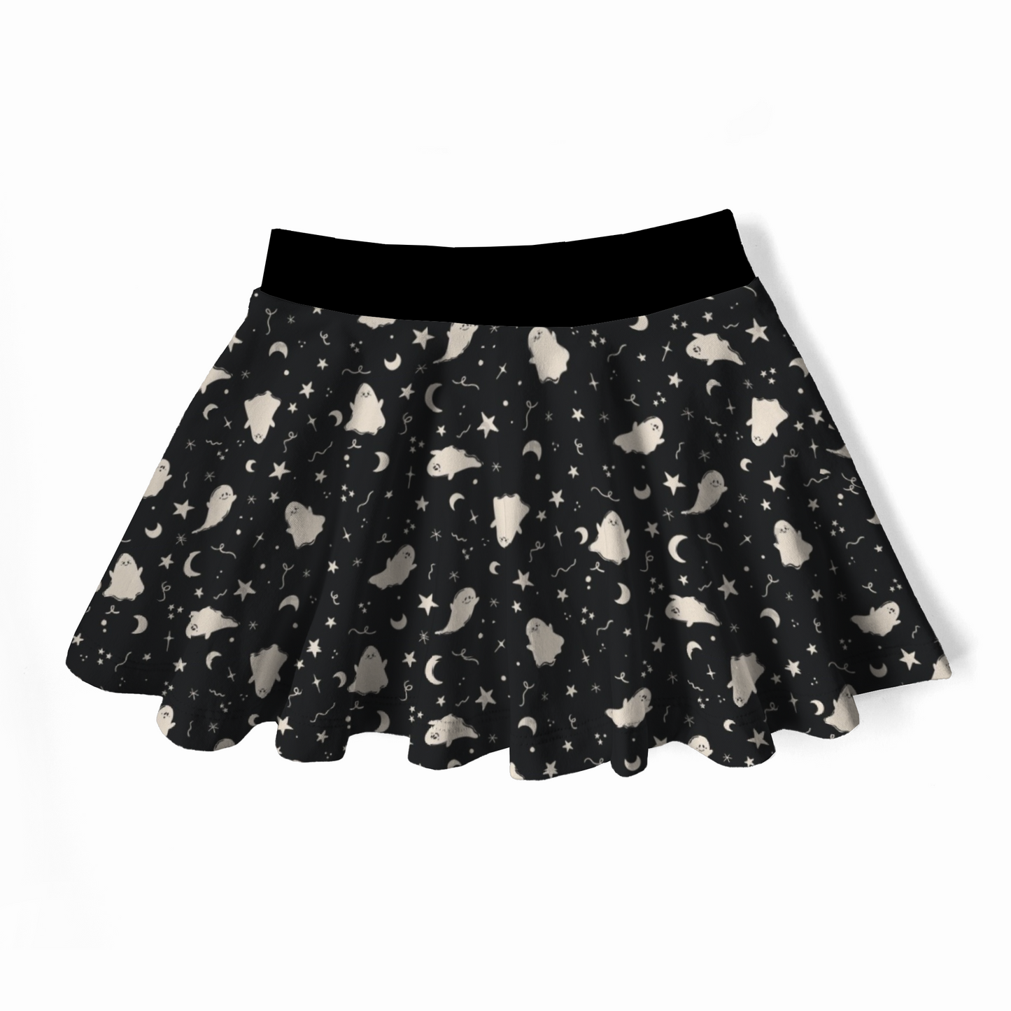 Spooky cute girl skirt, black waistband, black print with white ghosts, stars and moons. 