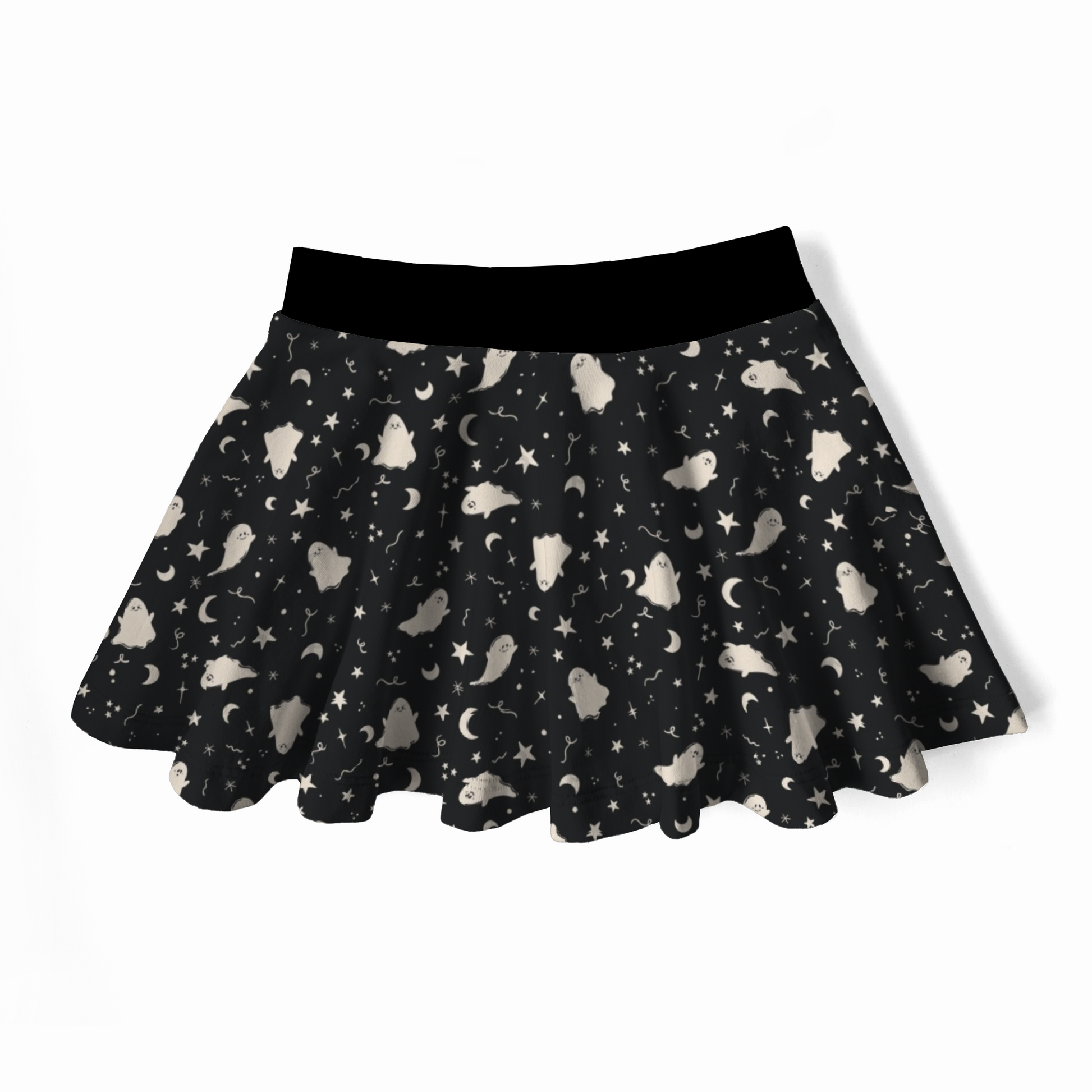 Spooky cute girl skirt, black waistband, black print with white ghosts, stars and moons. 