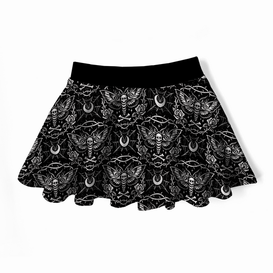 Goth twirly skirt, black with white designs : dead head moth, roses, bones, spiderwebs and moons. 