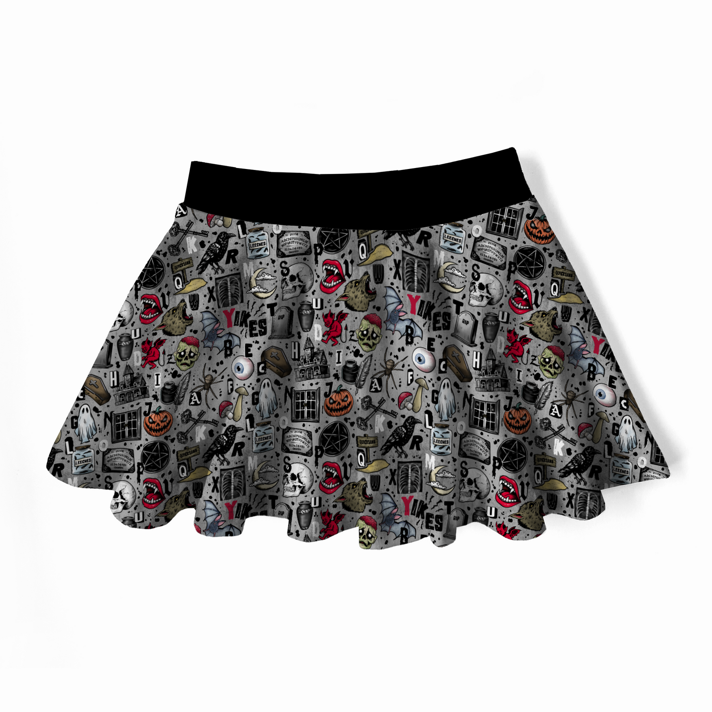 Grey skirt with a Spooky ABC design : s for skulls, b for bats, p for pumpkins... Black waistband. Handmade by My Spooky Baby. 