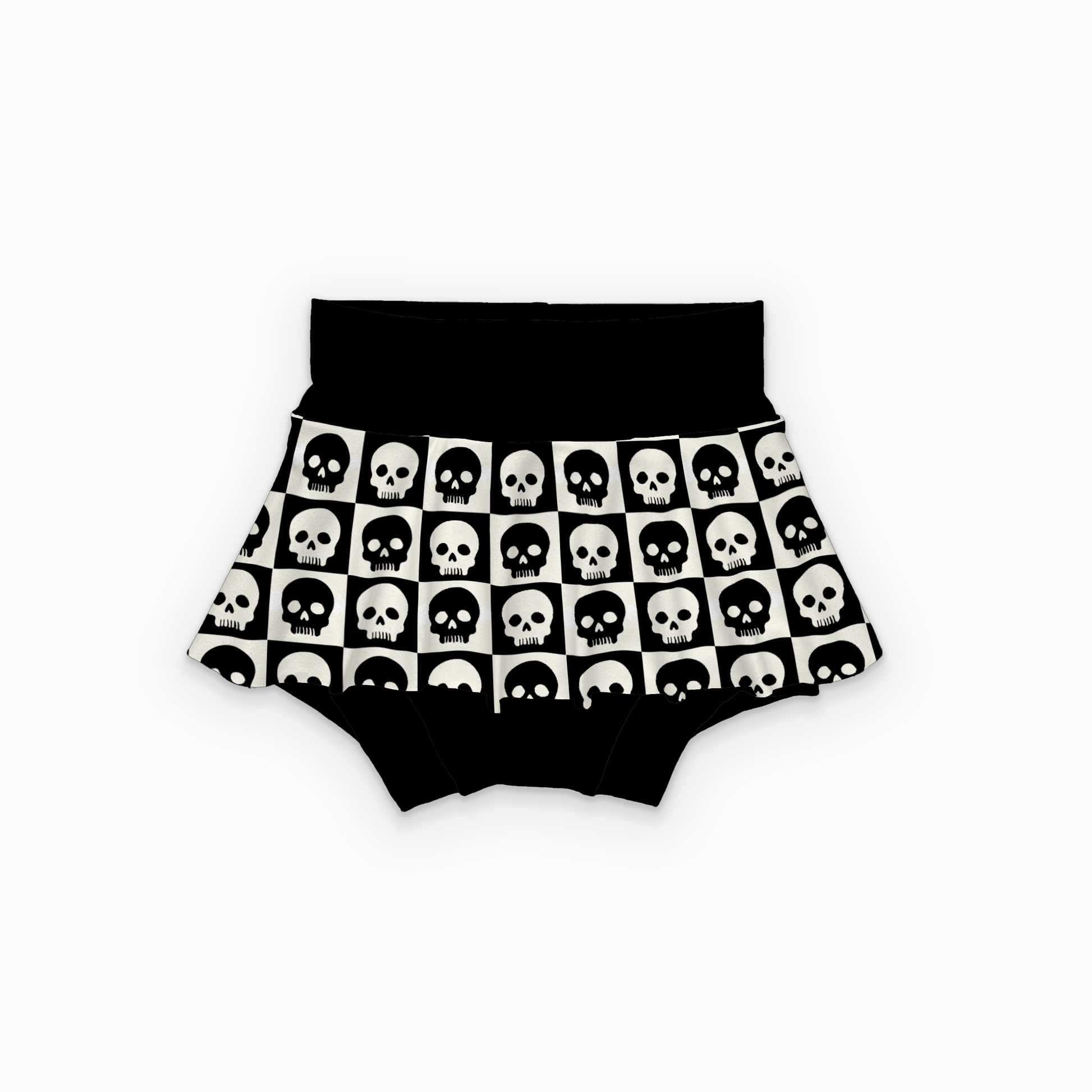 Black bloomers (skirted bummies) with a white checkered skull pattern