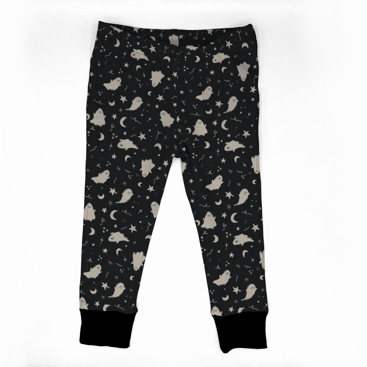 Black baby leggings with white ghosts moons and stars. Black cuffs. Elastic at waistband. 