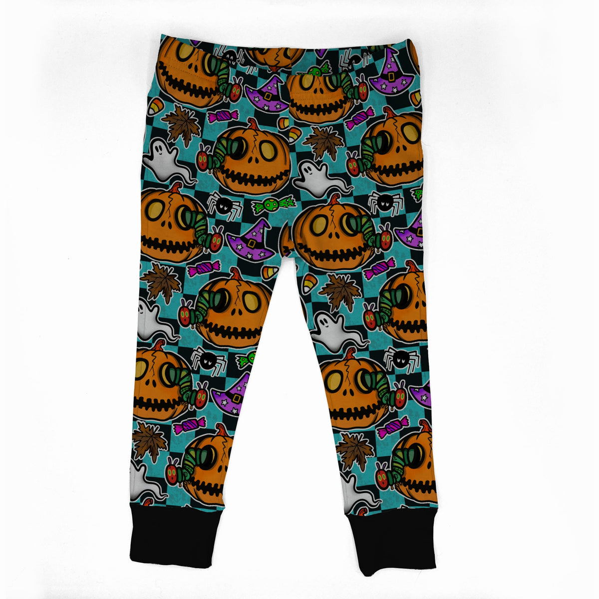 Halloween-themed children's leggings with an all-over print of jack-o'-lanterns, ghosts, bats, and candy on a teal background, finished with black ribbed ankle cuffs.