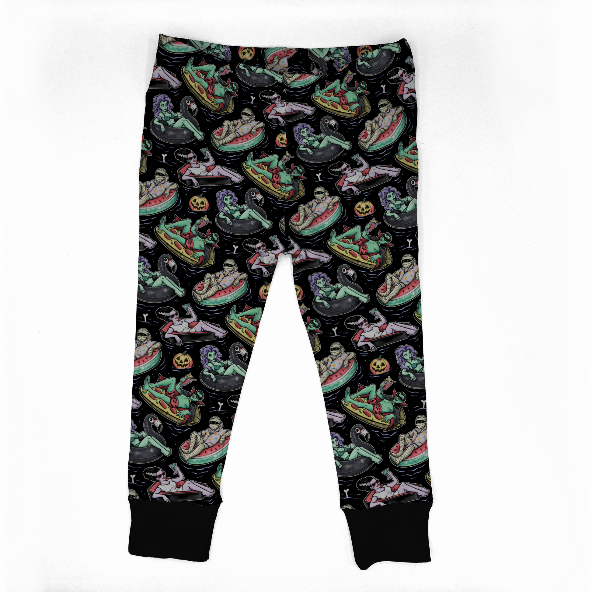 Black leggings with colorful alien pattern on a white background