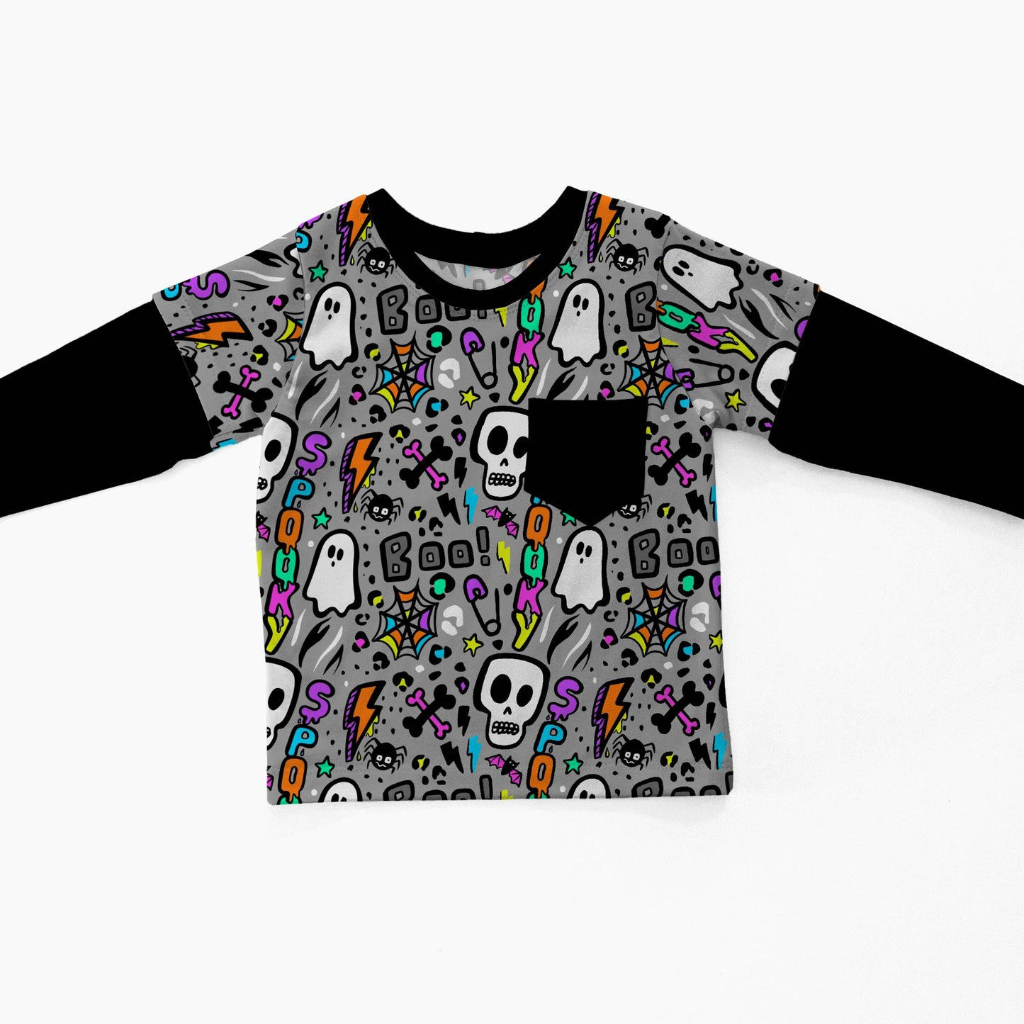 A toddler's long-sleeve shirt with a black crew neck and black sleeves, featuring a gray body with a colorful Halloween-themed pattern of ghosts, skulls, and lightning bolts.