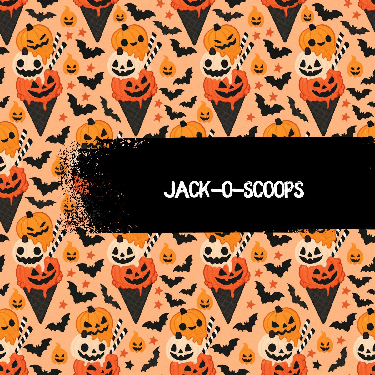 Halloween-themed ice cream cone pattern with pumpkins and text 'JACK-O-SCOOPS' on a peach background.
