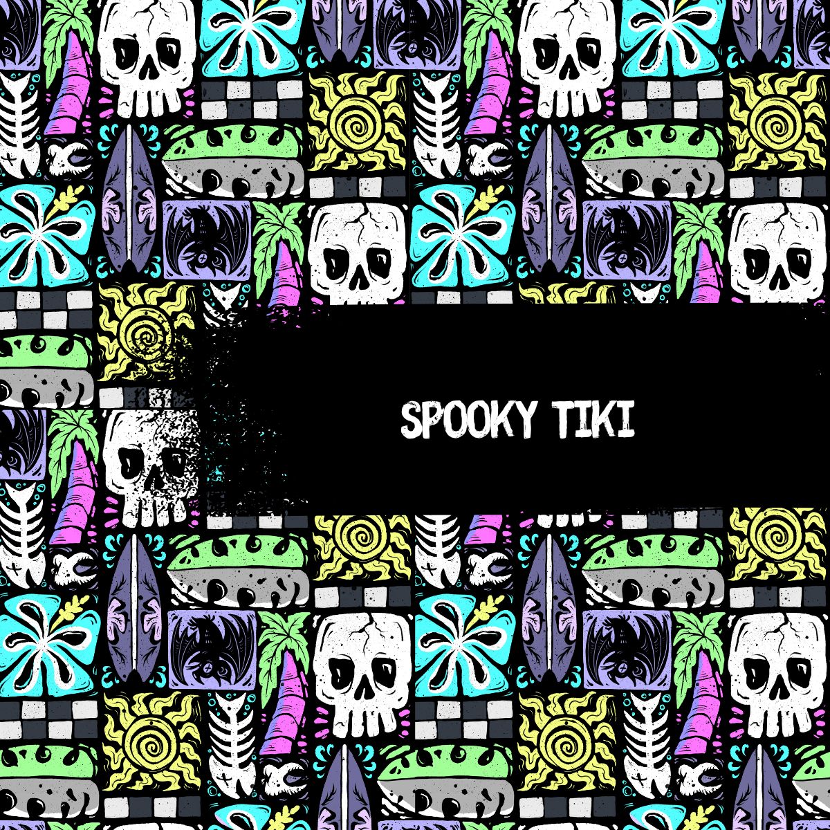 Colorful pattern with skulls and tiki elements on a black background, featuring the text 'Spooky Tiki'.